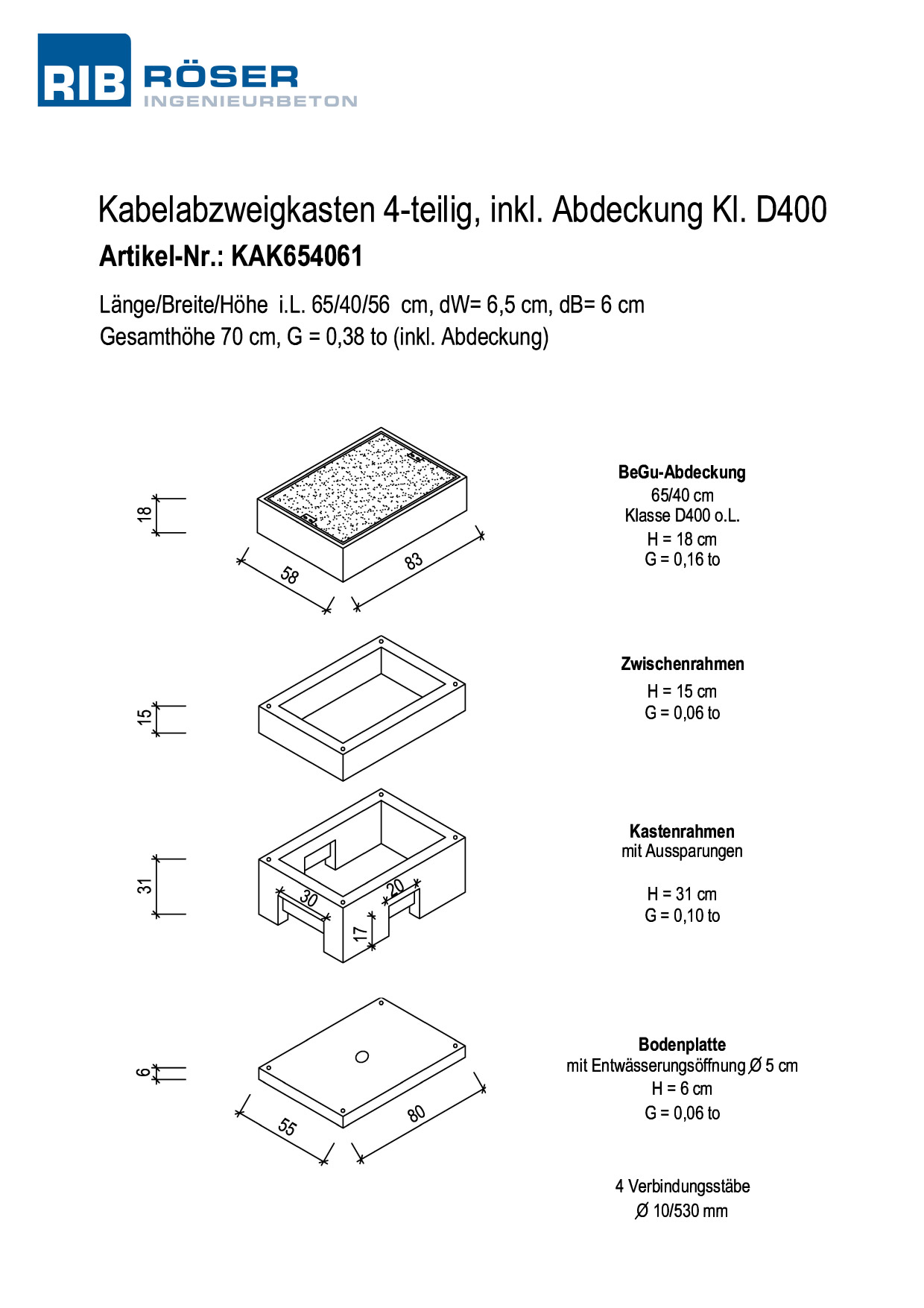 Technische Zeichnung eines 4-teiligen Kabelabzweigkastens mit Abdeckung der Klasse D400 herunterladen.