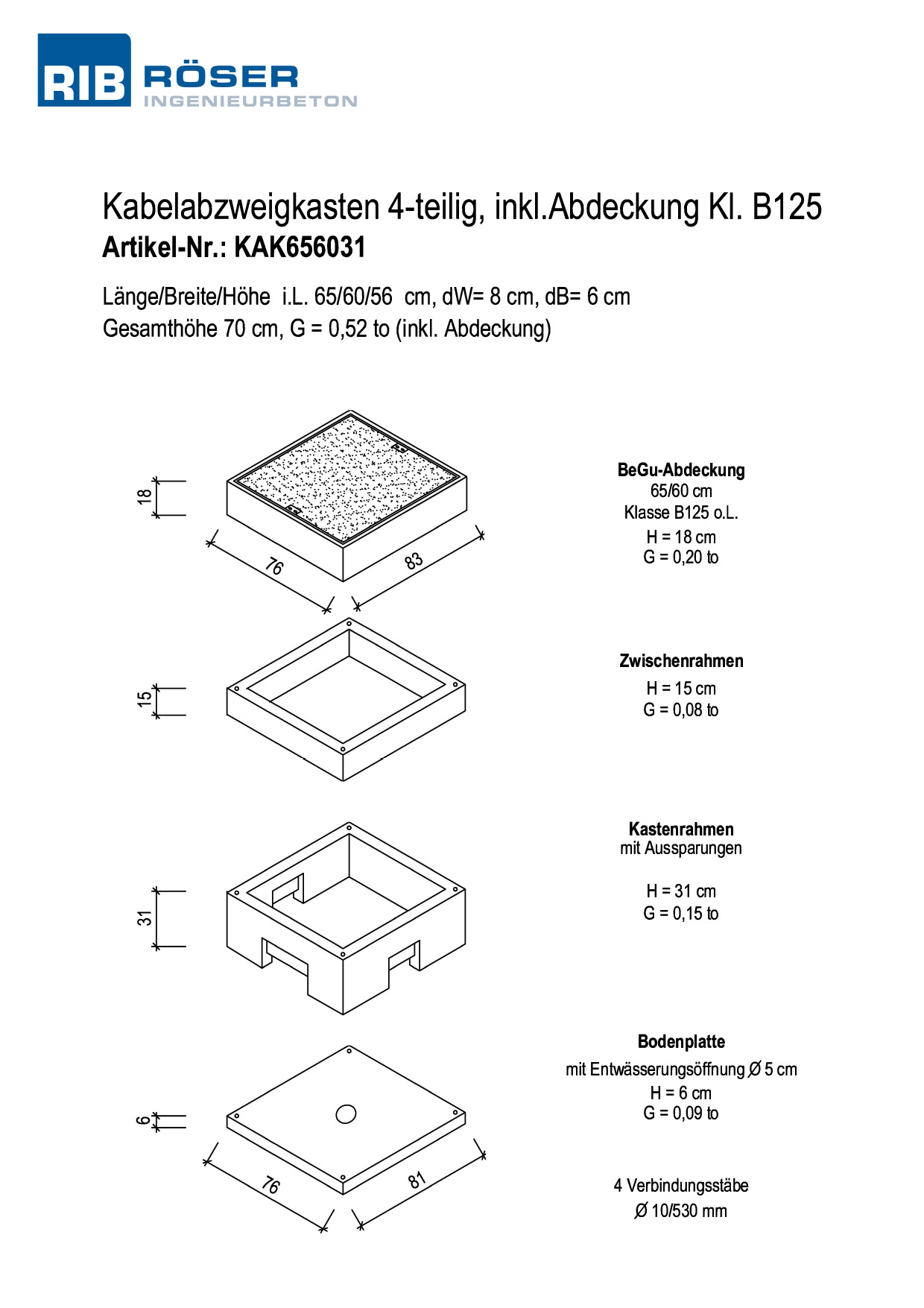 Technische Zeichnung eines 4-teiligen Kabelabzweigkastens der Klasse B125 herunterladen.