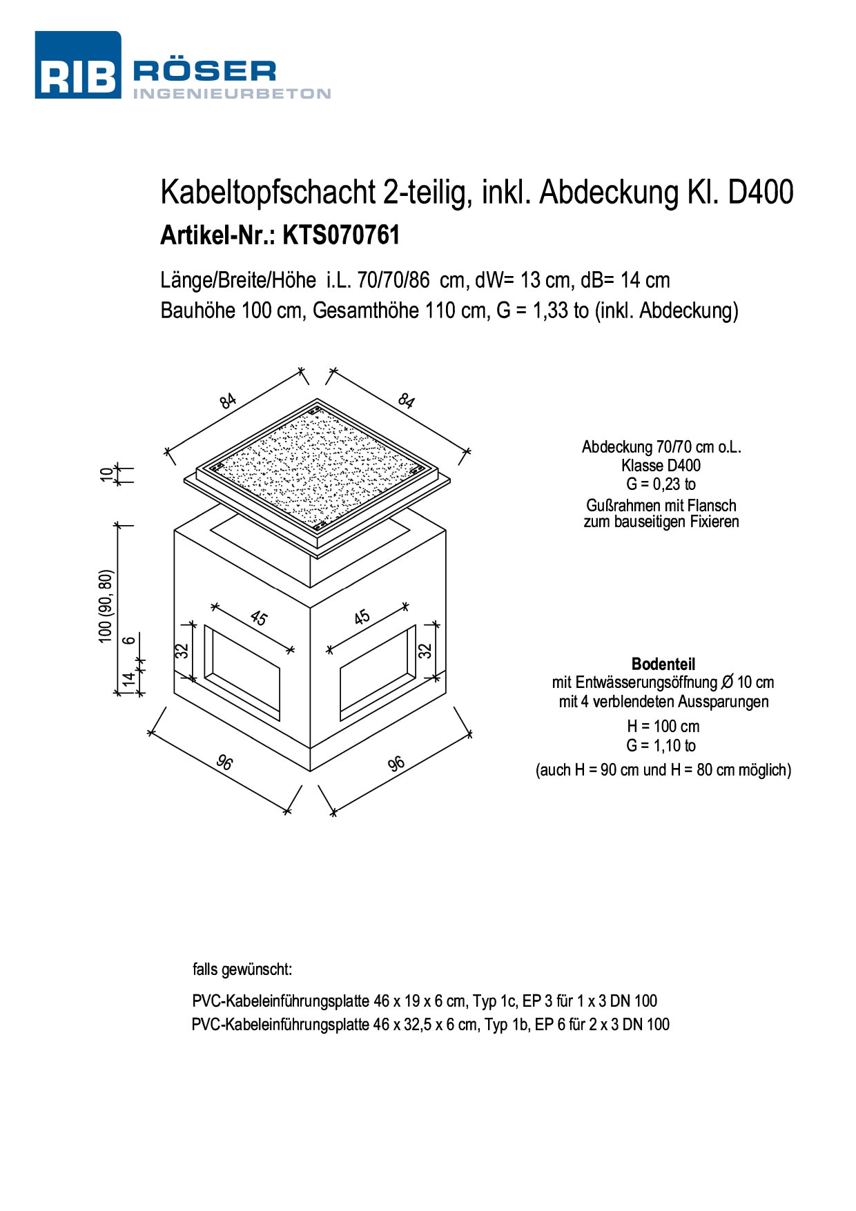 Technische Zeichnung eines 2-teiligen Kabeltopfschachts mit Abdeckung der Klasse D400 herunterladen.