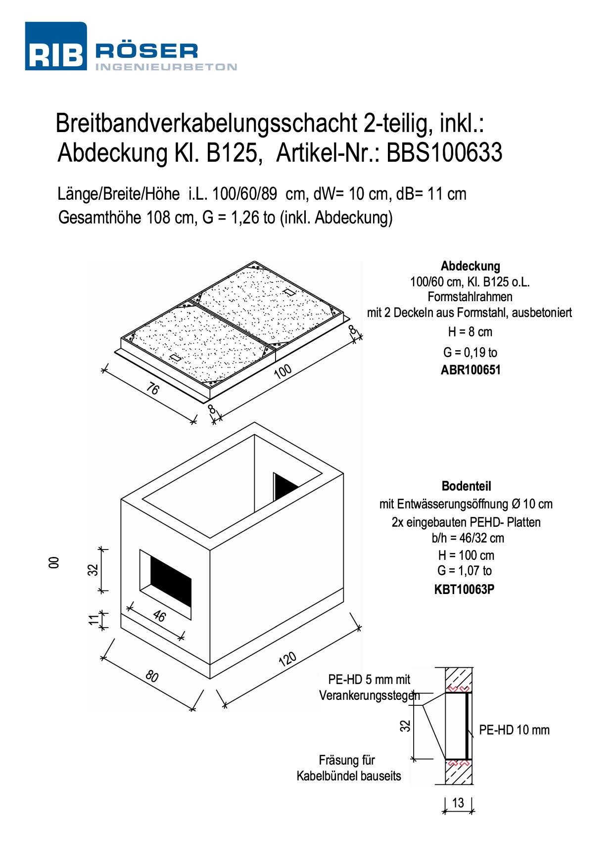 Technische Zeichnung eines Breitbandverkabelungsschachts mit Abmessungen und Details.