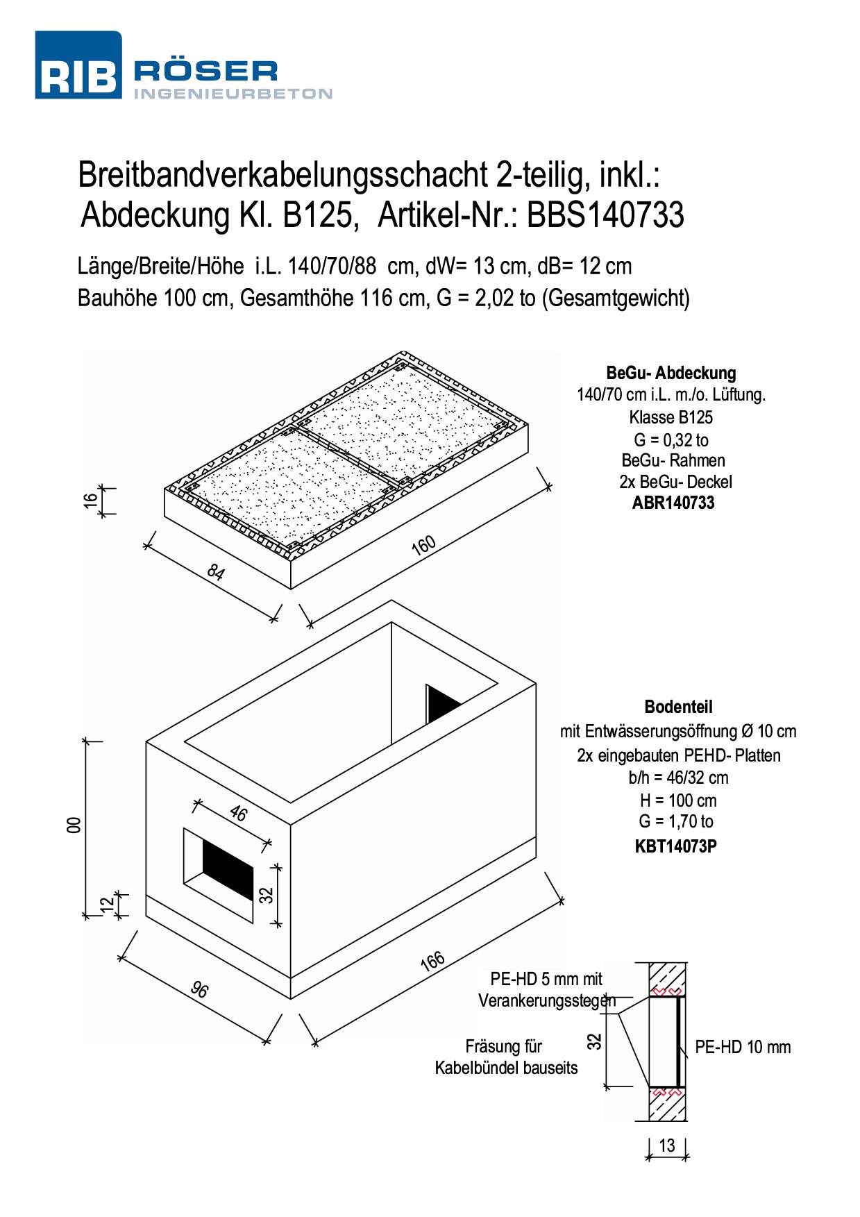 Technische Zeichnung eines 2-teiligen Breitbandverkabelungsschachts mit Abdeckung und Abmessungen.