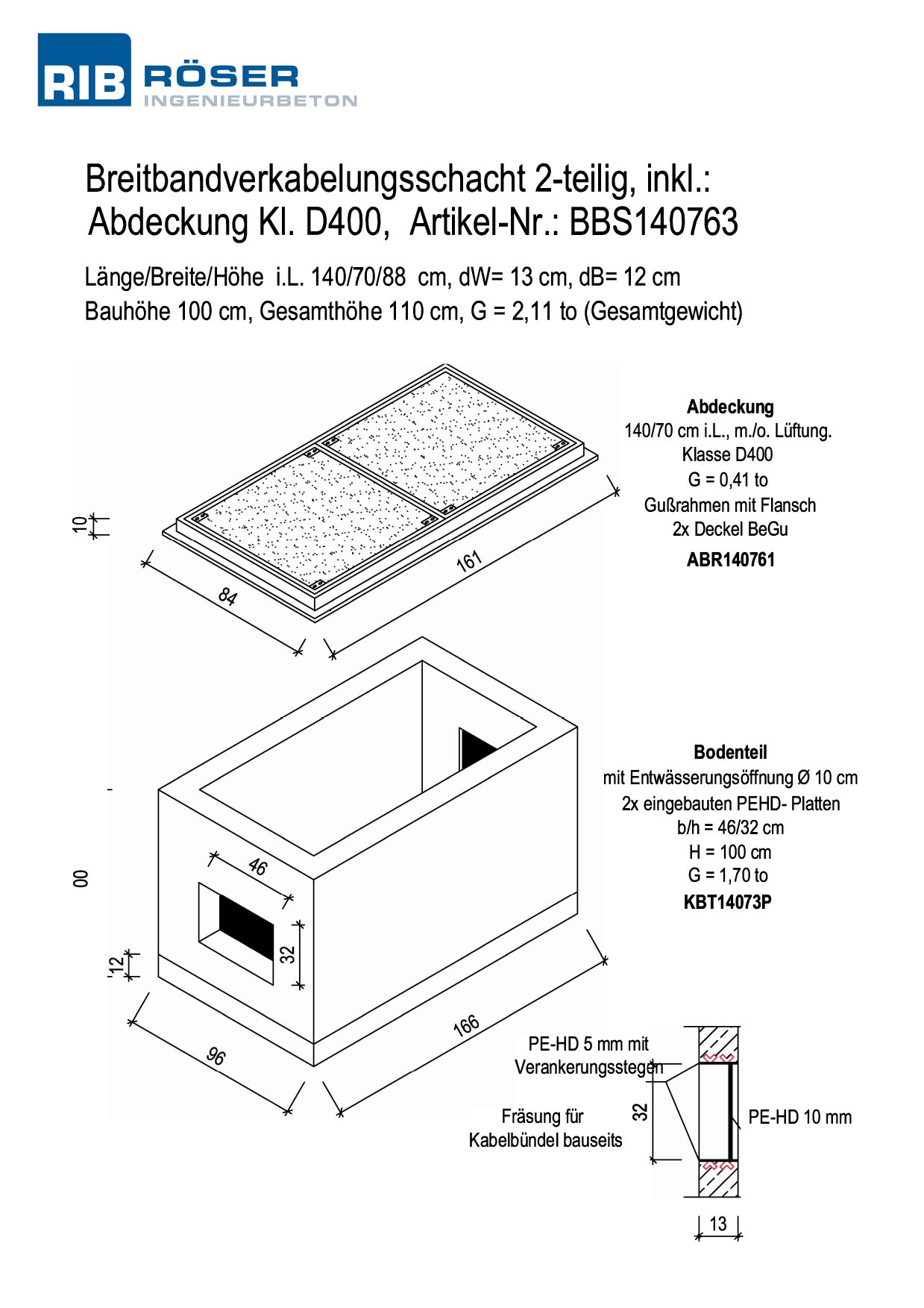 Technische Zeichnung eines Breitbandverkabelungsschachts mit Abmessungen und Details.