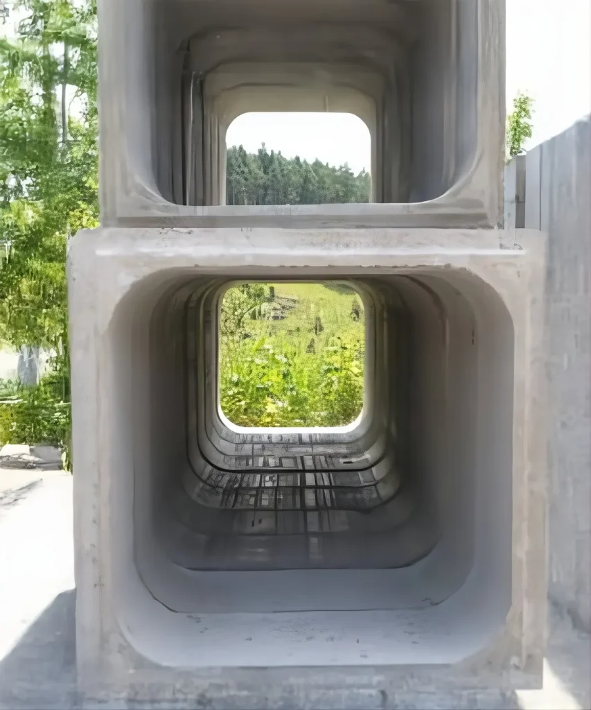 Rechteckige Betonrohre, die übereinander gestapelt sind und einen Durchblick ermöglichen.
