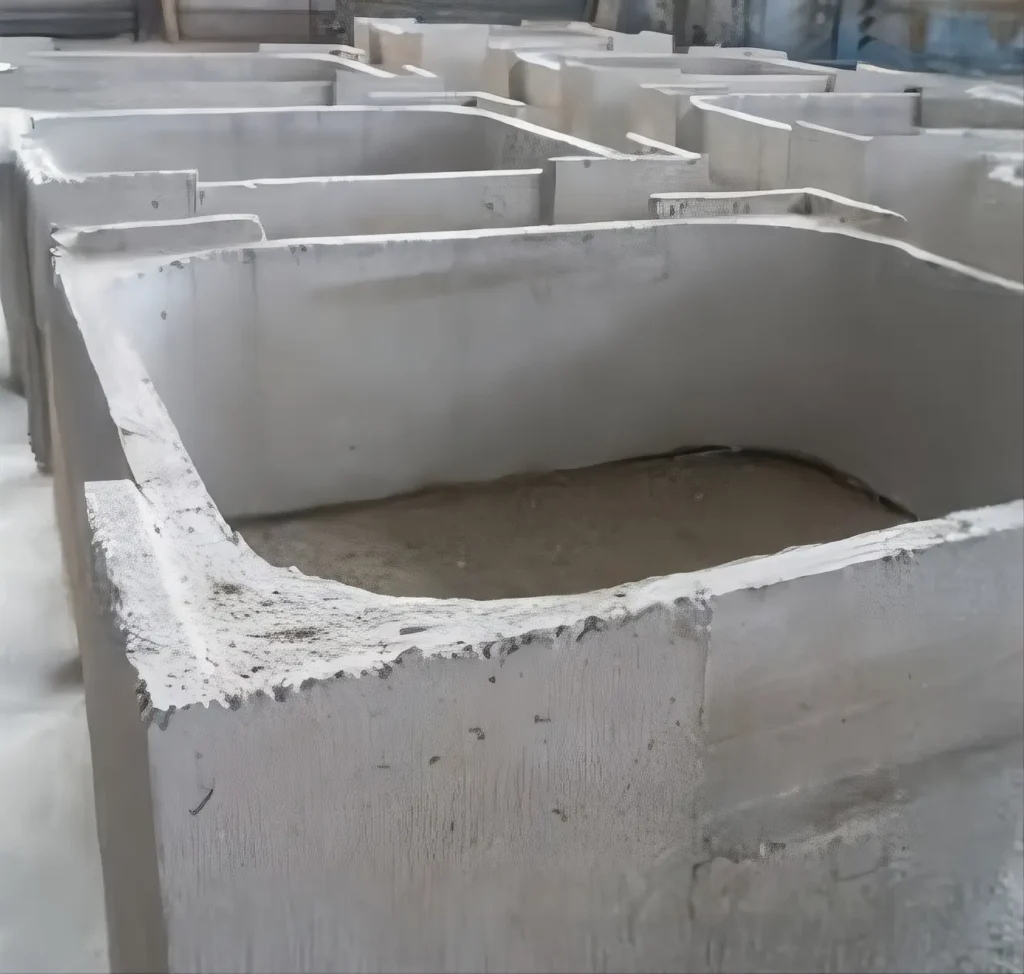 Rechteckige Betonbehälter mit glatten Wänden in einer Produktionsumgebung.