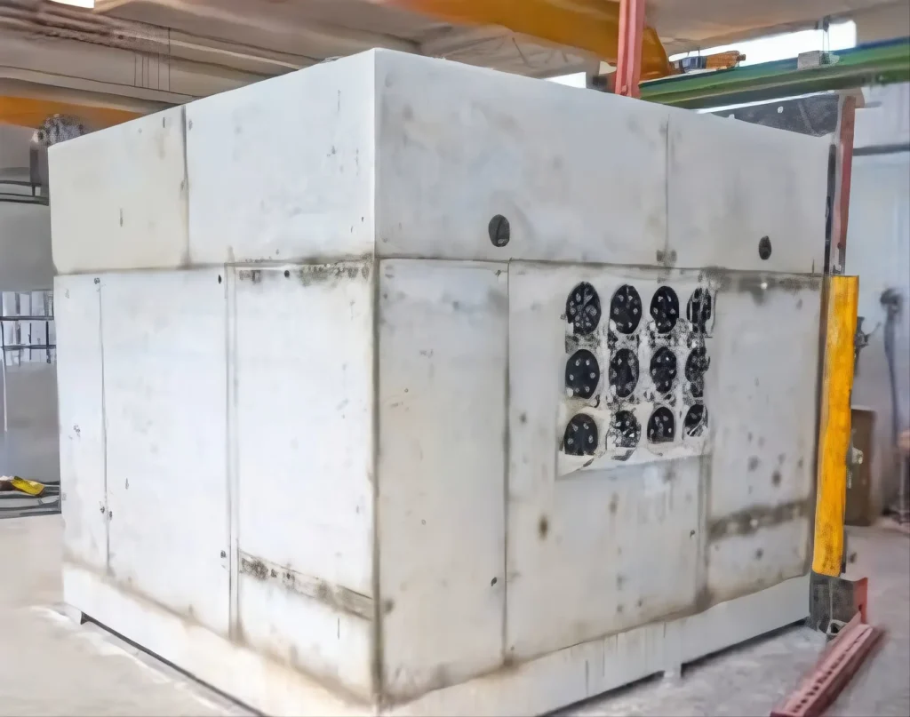 Betonbox mit mehreren Kabelanschlüssen auf einer Seite, in einer industriellen Umgebung.