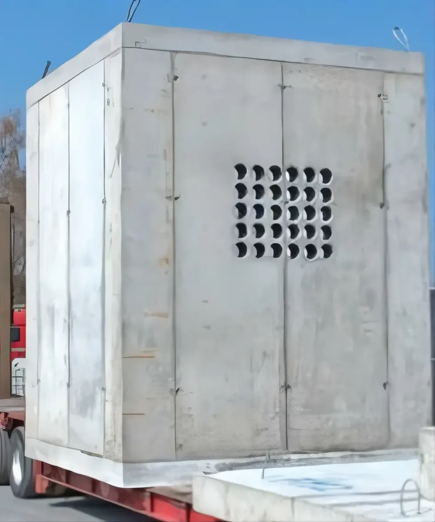 Betonbox mit rechteckiger Form und Belüftungslöchern auf einer Transportplattform.