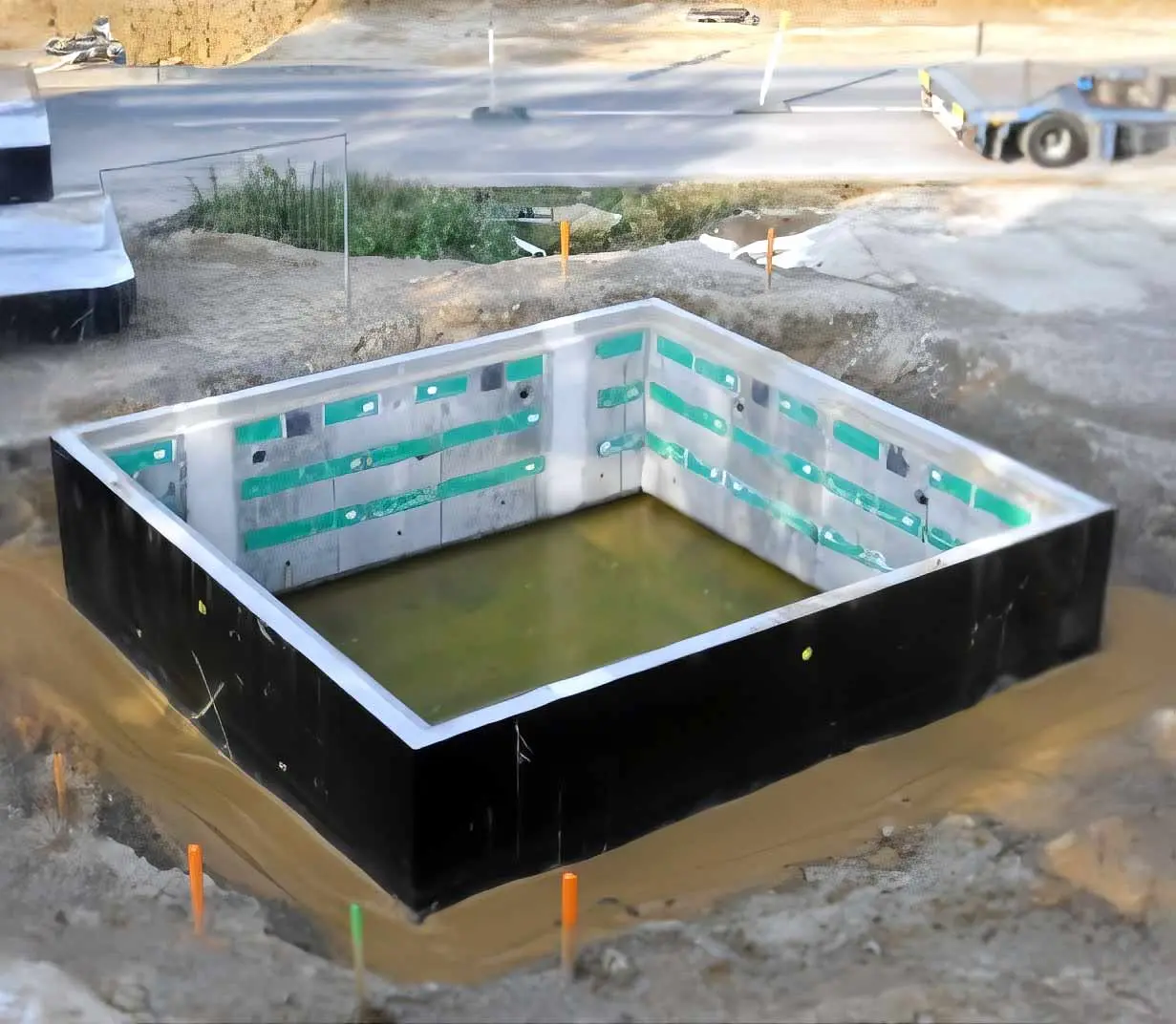 Bau eines Stuelpschachts in Segmentbauweise mit sichtbaren Wänden und Wasseransammlung.