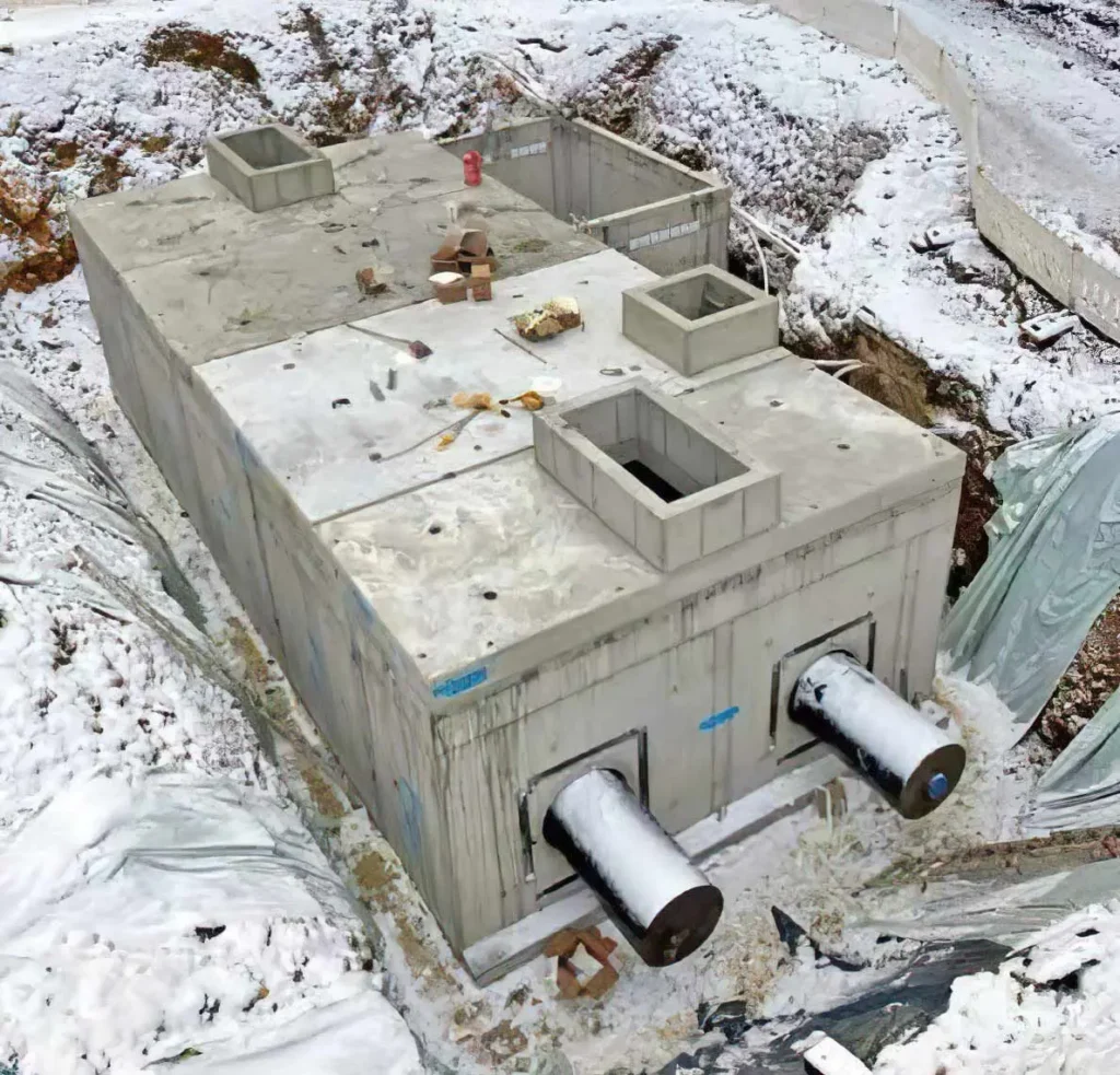 Betonbehälter mit zwei großen Rohren auf der Vorderseite, umgeben von Baustellenmaterial.