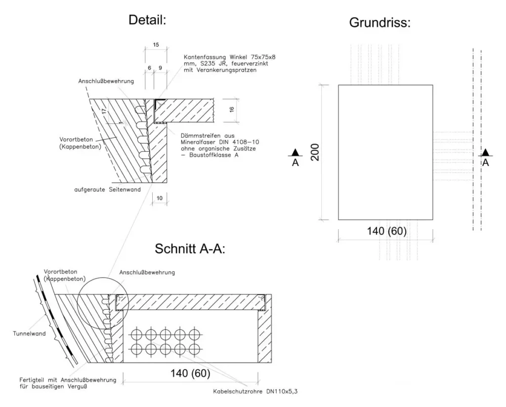 Technische Zeichnung eines Kabelschachts mit Detailansicht und Grundriss.